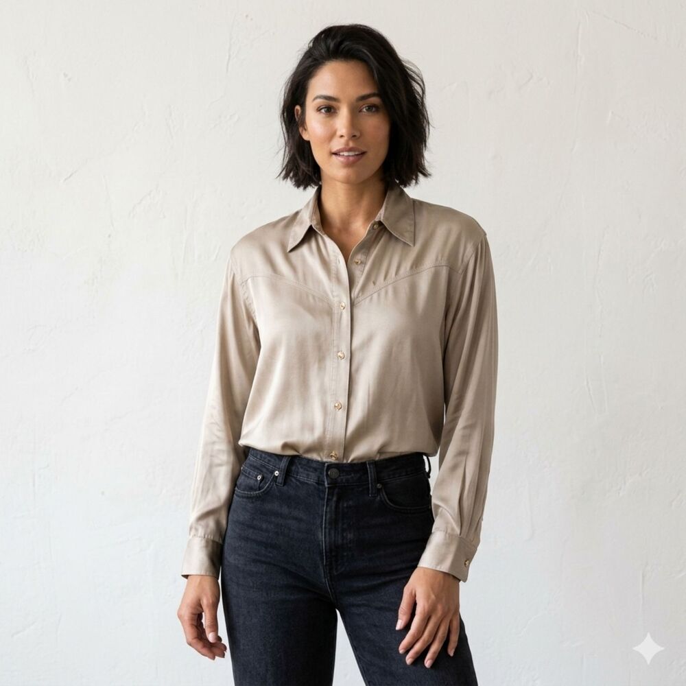 Vintage Silk Neutral Western Blouse Top Rhinestones Women's Size S Long Sleeve